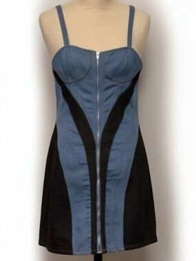 Kontrast Denim Patchwork Reißverschluss Bustier Kleid - Micas